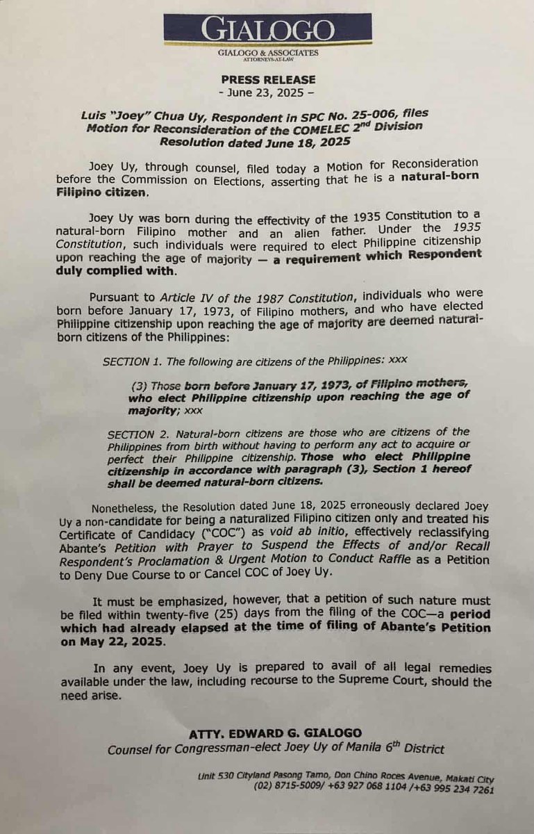 Motion for reconsideration of Cong. Joel Chua Uy.
(Cong. Uy initially declared by the Comelec as the elected congressman for the 6th district of Manila vs. Abante, but his proclamation was subsequently nullified.)
#JoelUy vs. #Abante 

📝 from Joie De Vivre (ctto)