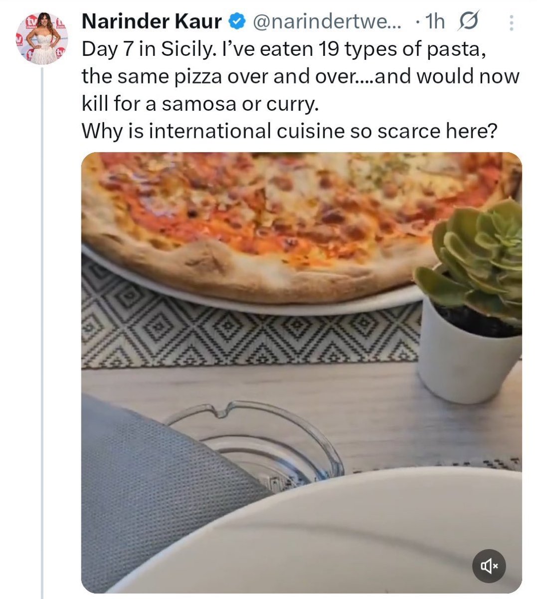 Only this racist dipshit <a href="/narindertweets/">Narinder Kaur</a> could go to Italy, then moan about encountering pizza and pasta. 

It's like me going to India, then moaning that I can't find an English fish and chip shop.🤡