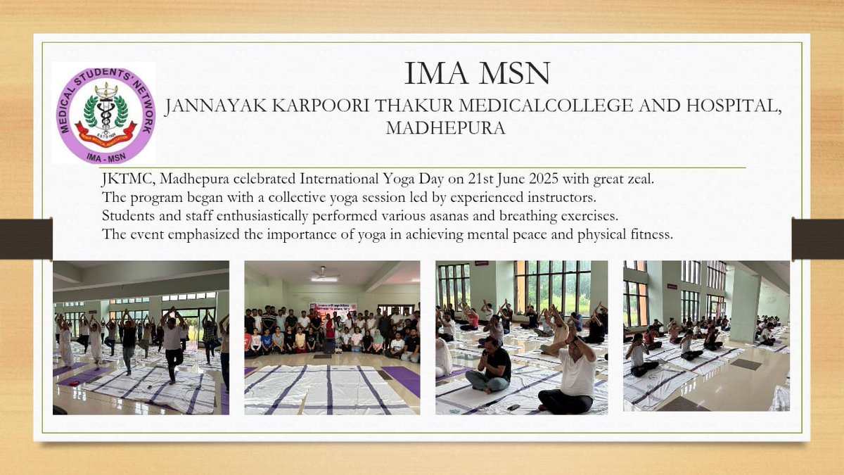 JNKTMCH, Madhepura
On 21st June 2025, JNKTMCH, Madhepura observed #InternationalYogaDay with enthusiasm and collective energy!
Faculty and students practiced yoga and meditation together echoing the message 
“Yoga for One Earth, One Health”
#IMAMSN #JNKTMadhepura #YogaDay2025