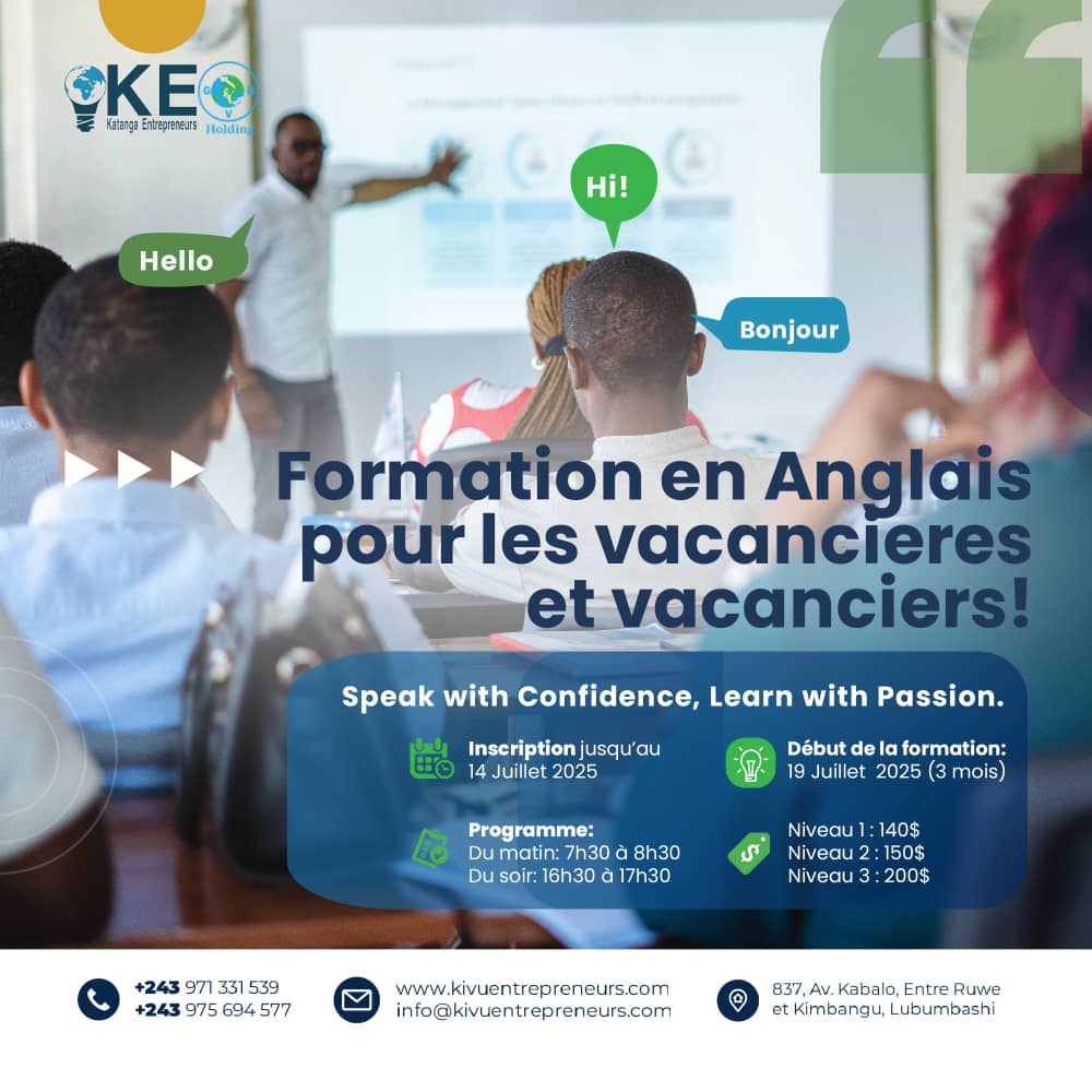 Formation d’anglais pour vacancières et vacanciers !

Katanga Entrepreneurs / GVB Sarl organise une formation complète en anglais, accessible à tous les niveaux : débutant, intermédiaire et avancé. 

docs.google.com/forms/d/e/1FAI…