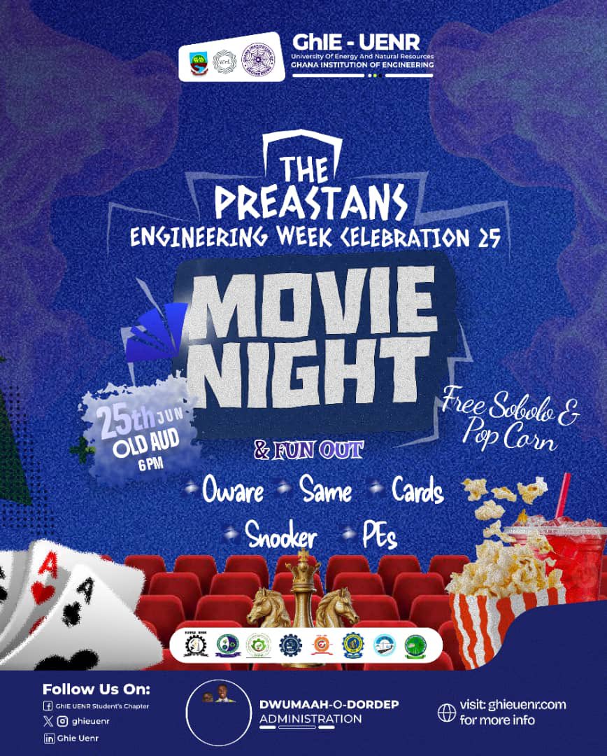 🎬 Movie Night &amp; Fun Out!
Come chill with us on 25th June, 6 PM at Old AUD — Free Sobolo, Popcorn, Games &amp; Vibes! 🍿♠️🎥
#EngineeringWeek25 #GhIEUENR #MovieNight