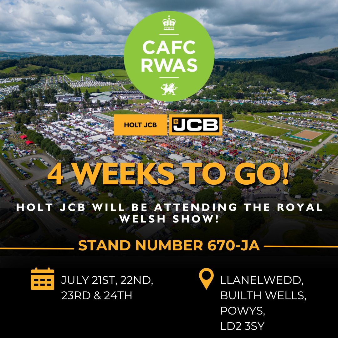 Holt JCB Ltd (@holtjcb) on Twitter photo Holt JCB will be attending the <a href="/royalwelshshow/">Royal Welsh Agricultural Society</a>. Come and join us for an up close look at our range of impressive JCB machinery we will be displaying.
📅Date: Monday 21st – Thursday 24th July
Location: Llanelwedd, Builth Wells, Powys, LD23SY
#HoltJCB #RoyalWelshShow #JCB #wales Holt JCB will be attending the <a href="/royalwelshshow/">Royal Welsh Agricultural Society</a>. Come and join us for an up close look at our range of impressive JCB machinery we will be displaying.
📅Date: Monday 21st – Thursday 24th July
Location: Llanelwedd, Builth Wells, Powys, LD23SY
#HoltJCB #RoyalWelshShow #JCB #wales