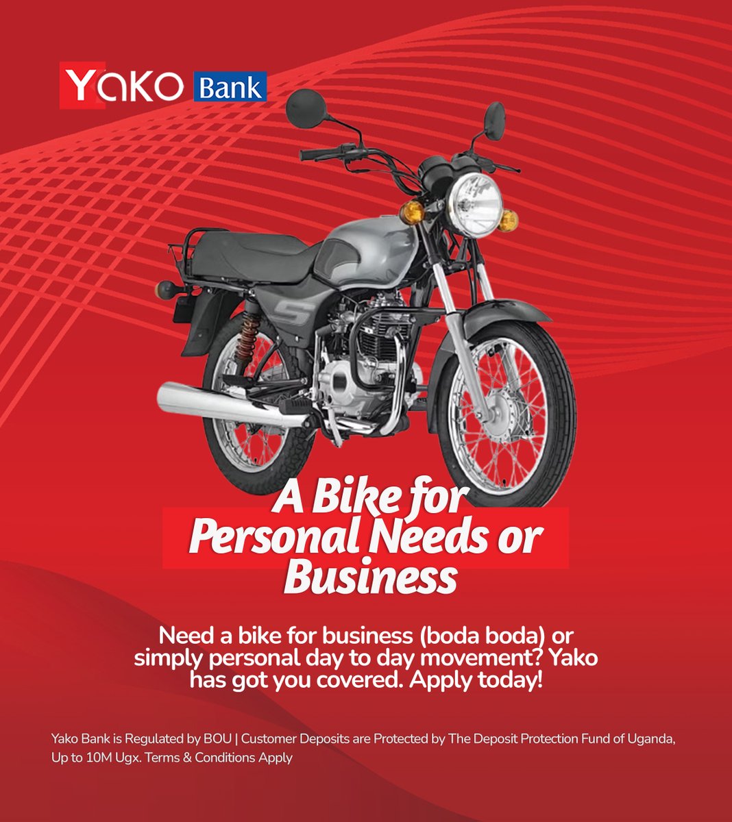 Yako Bank is offering an exciting opportunity to own a bike tailored for your personal needs or business ventures, such as a boda boda! 

Whether you need a reliable ride for daily commuting or to kickstart your entrepreneurial journey, Yako has you covered. Take the first step &amp;