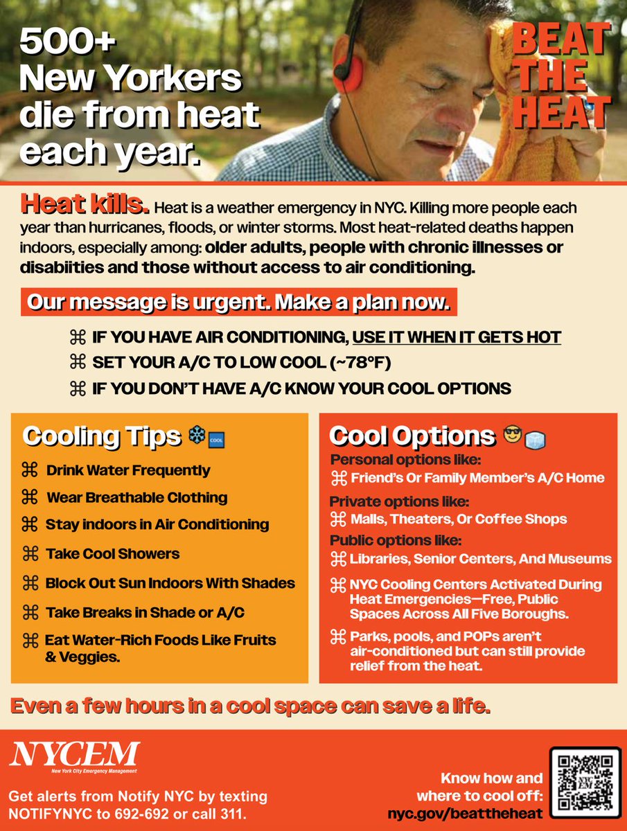 Good morning, NYC. The city is under an Extreme Heat Warning. Take it seriously. Heat kills more New Yorkers than any other type of weather.

Shut drapes and blinds. Set your AC to the highest comfortable temperature setting. Drink water early and often. Wait until tonight to use
