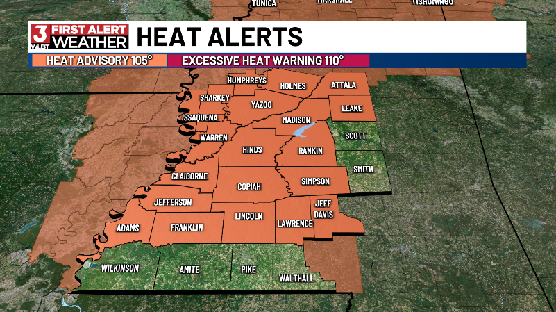ChaseFranksWx's tweet photo. First Alert Weather:🔥

Expect highs in the mid-90s today, with heat index values likely surpassing 105°. Due to these extreme conditions, a Heat Advisory is in effect for much of the area from till 7:00 p.m.

Stay with us for the latest on both the heat and the tropics!

@WLBT https://t.co/kpGoxHEcXg