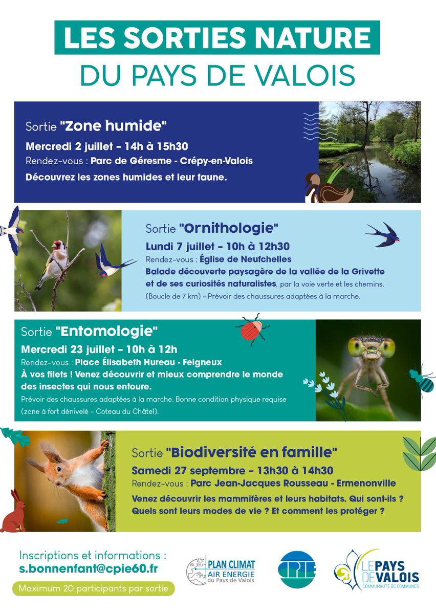 CCPaysdeValois's tweet photo. 🌞 Envie d’un bol d’air en famille cet été ?
La Communauté de Communes du Pays de Valois vous invite à explorer la nature autrement avec un programme de sorties gratuites de juillet à septembre !

📅 sur inscription à  s.bonnenfant@cpie60.fr https://t.co/hbdxJcER2J