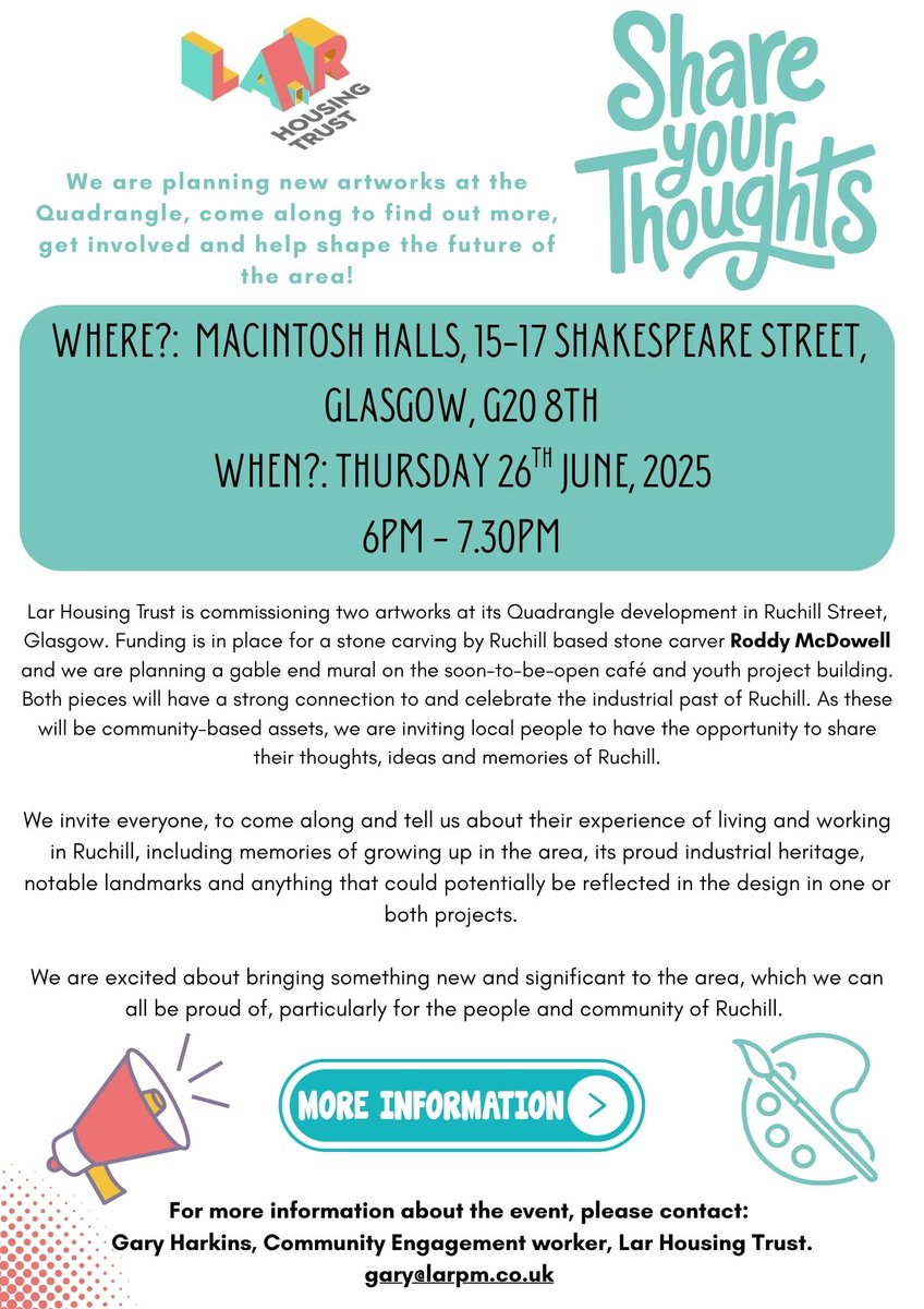 We're planning new artworks for our Quadrangle development in Ruchill, Glasgow and this Thursday will be holding an open event.   Join us to help shape the future of the community and meet the team Details below: #communityengagement #glasgowart #MMR