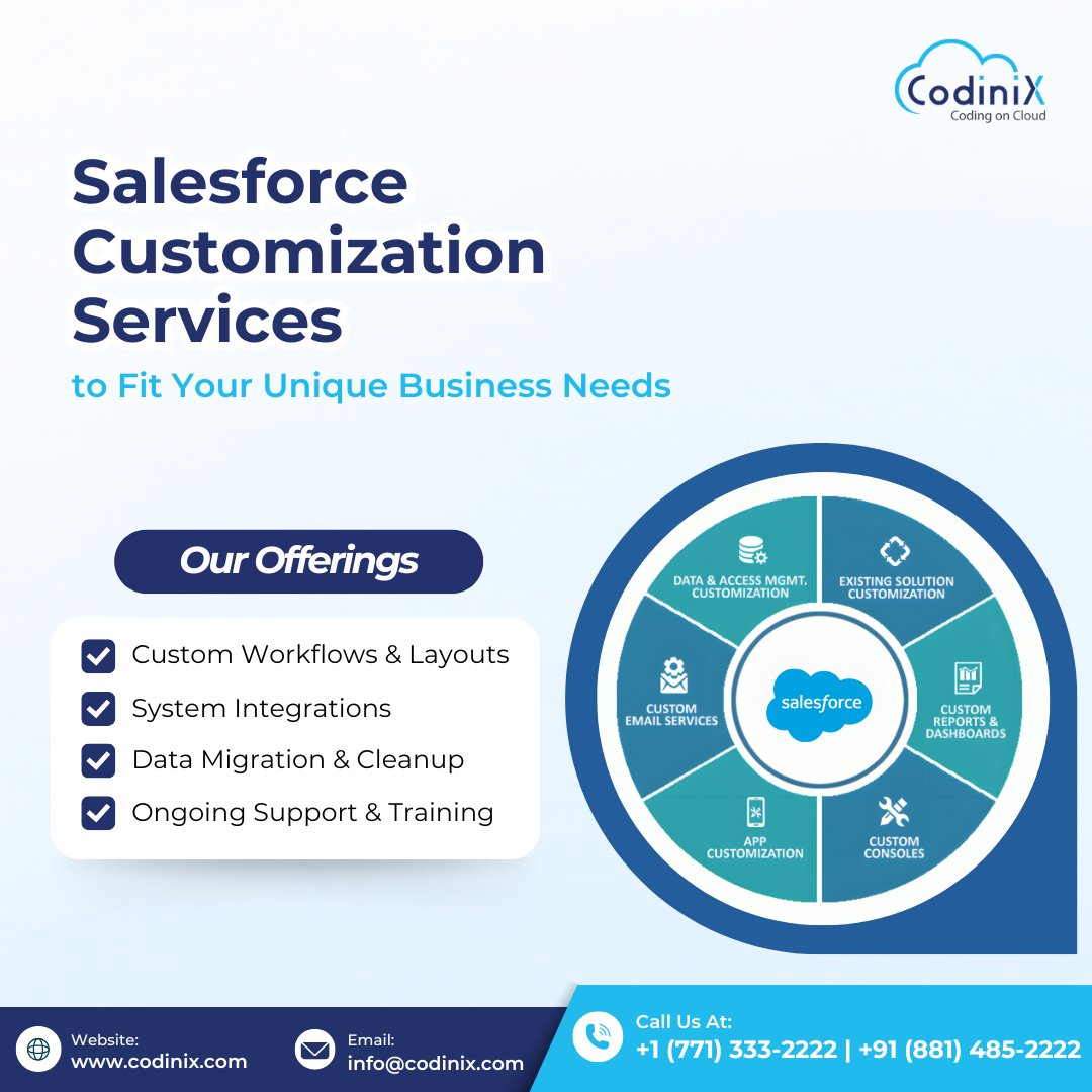 CodinixC's tweet image. 🔧 Power Up with Codinix’s Salesforce Customization Services
Supercharge your CRM with custom workflows, UI tweaks, integrations, and expert support.
📞 +1 (771) 333-2222, +91 (881) 485-2222
📧 info@codinix.com
🌐 codinix.com/salesforce-cus…
#salesforce #salesforcecustomization