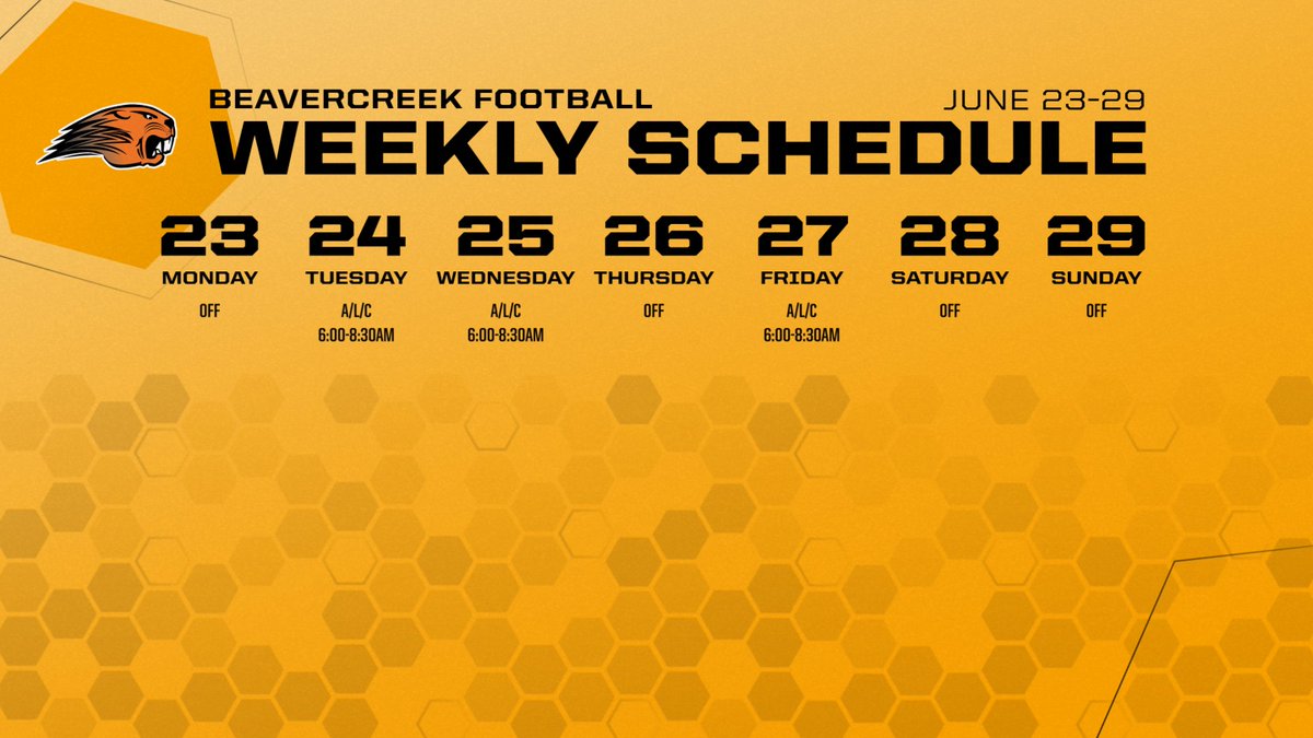 Beavercreek Football (@beavercreek_fb) on Twitter photo Schedule for the week!  June is coming to an end.  Make each day your very best!  July is coming soon!  
#EarnEverything Schedule for the week!  June is coming to an end.  Make each day your very best!  July is coming soon!  
#EarnEverything