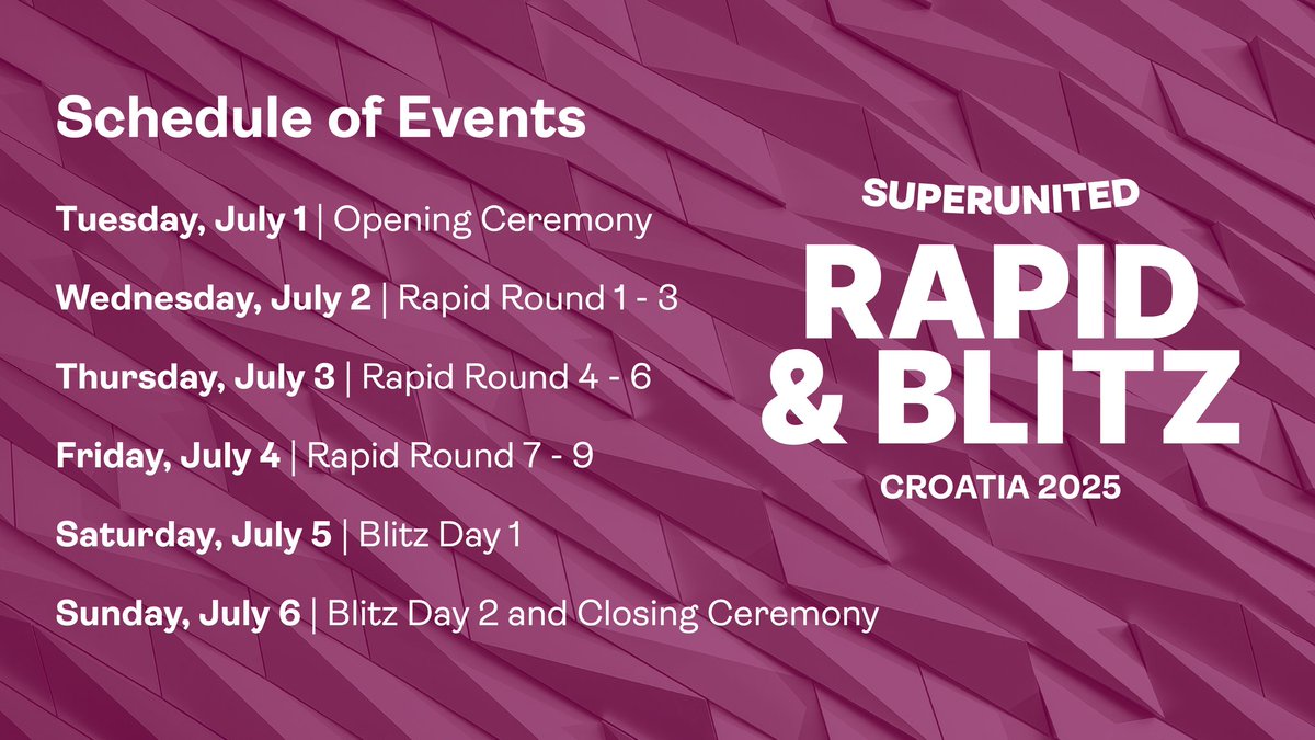 🎉 Get ready for one of the most thrilling events on the chess calendar – the SuperUnited Rapid &amp; Blitz Croatia 2025, part of the Grand Chess Tour! 🇭🇷♟️

Marking the midway point of the tour, this high-stakes tournament begins July 2 in Zagreb, and follows the exciting format