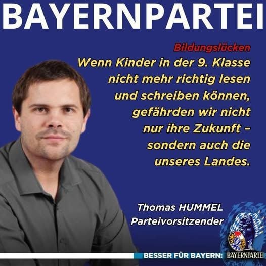 📉 Jeder fünfte Neuntklässler in #Bayern beherrscht nicht einmal grundlegendes Deutsch.
Ein unhaltbarer Zustand! #Bildung ist kein Luxus, sondern die Grundlage unserer #Zukunft.

👉 Die #Bayernpartei fordert: Klare Standards. Mehr Förderung. Echte Qualität.

#BesserFürBayern