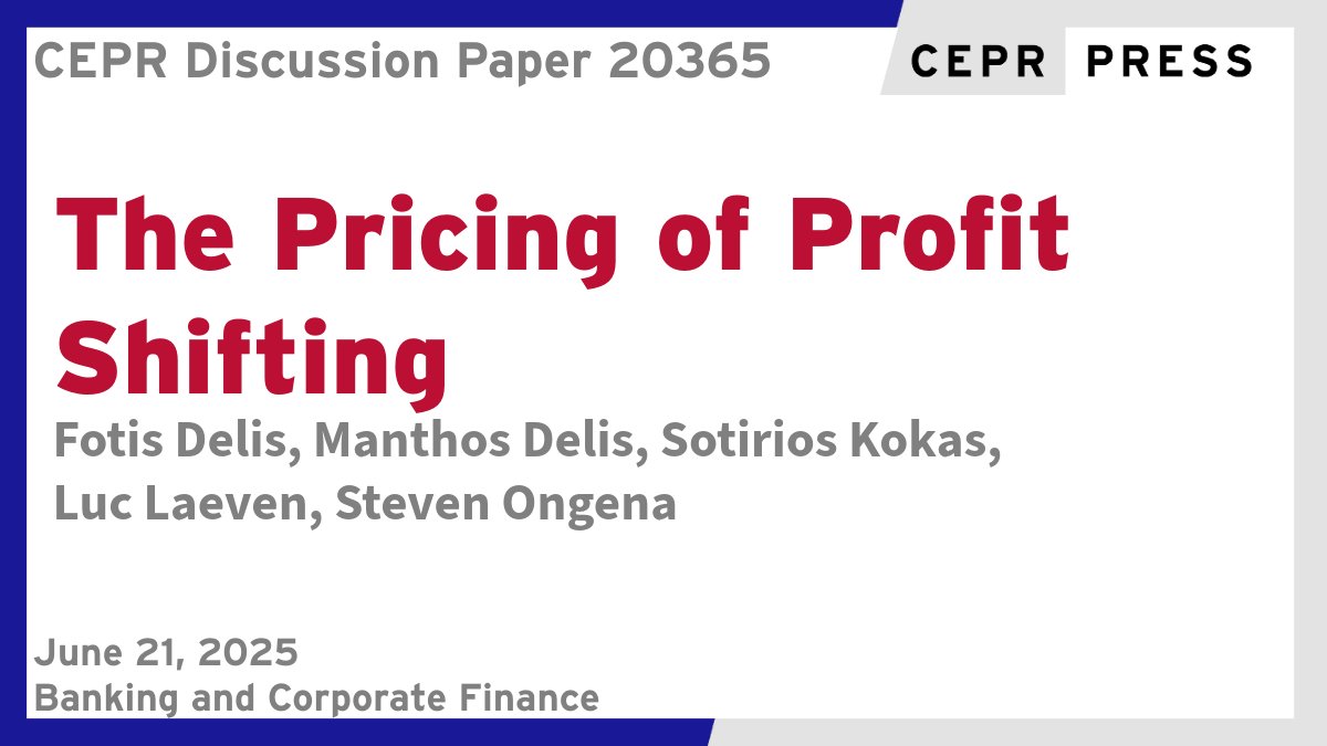 CEPR (@cepr_org) on Twitter photo New CEPR Discussion Paper - DP20365
The Pricing of Profit Shifting
Fotis Delis <a href="/EU_Commission/">European Commission</a>, <a href="/ManthosDelis/">Manthos Delis</a>, <a href="/skokas01/">Sotirios Kokas</a>, Luc Laeven <a href="/ecb/">European Central Bank</a> <a href="/TilburgU/">Tilburg University</a>, Steven Ongena <a href="/UZH_en/">University of Zurich</a> <a href="/SFI_CH/">SFI</a> <a href="/KU_Leuven/">KU Leuven</a> @NTNUnorway
ow.ly/FABB50WeyUb
#CEPR_BCF #EconTwitter New CEPR Discussion Paper - DP20365
The Pricing of Profit Shifting
Fotis Delis <a href="/EU_Commission/">European Commission</a>, <a href="/ManthosDelis/">Manthos Delis</a>, <a href="/skokas01/">Sotirios Kokas</a>, Luc Laeven <a href="/ecb/">European Central Bank</a> <a href="/TilburgU/">Tilburg University</a>, Steven Ongena <a href="/UZH_en/">University of Zurich</a> <a href="/SFI_CH/">SFI</a> <a href="/KU_Leuven/">KU Leuven</a> @NTNUnorway
ow.ly/FABB50WeyUb
#CEPR_BCF #EconTwitter