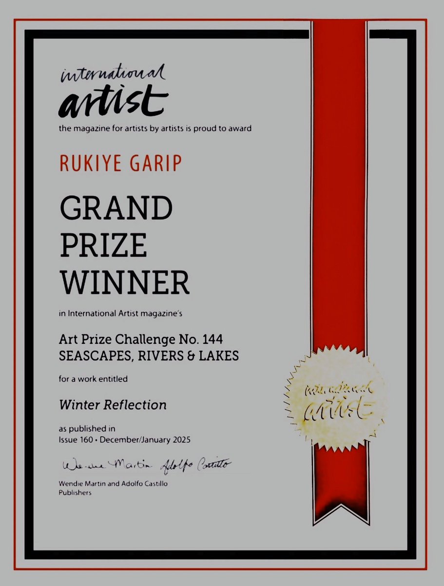 ABD'de yayımlanan "International Artist" dergisinin düzenlediği deniz, nehir ve göl konulu resim yarışması "büyük ödül"  sertifikası.
Resmim ile ilgili makale derginin 160'ncı sayısında yayımlandı.