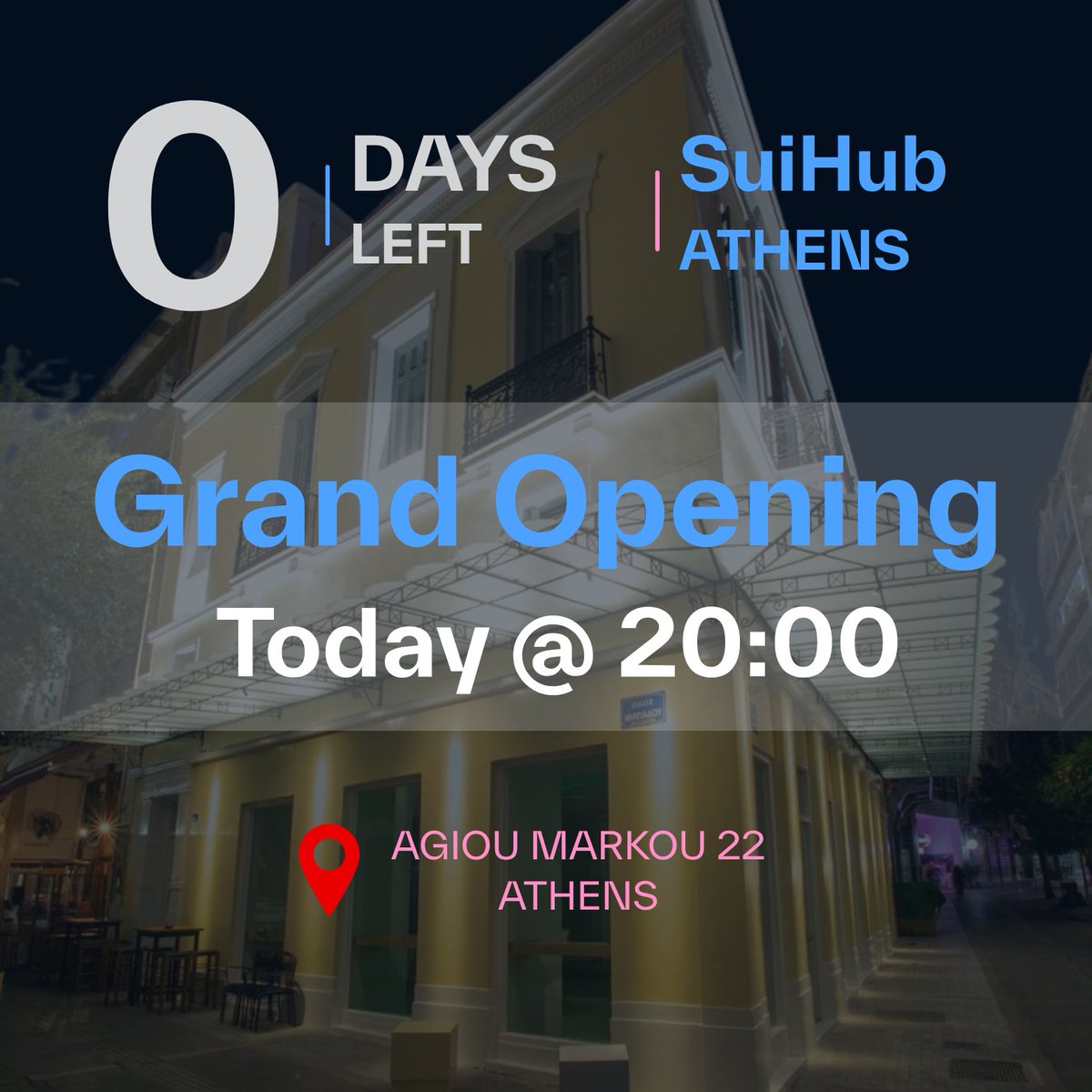 Sui fam around the world! today’s a big day for our community!

SuiHub Athens officially opens its doors, and we’re celebrating a new chapter for the community!

If you’re in town, swing by tonight at 8PM.

We’ve got music, drinks, SuiPlay and crypto robots! 

Come and be part of