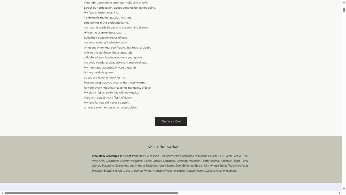 Sreelekha Chatterjee (@sreelekha001) on Twitter photo Overjoyed to have my poem “Summer’s Touch” in “The Daily Verse” section of <a href="/TheWiseOwlArt1/">The Wise Owl</a>. Warm thanks to the amazing editor, Dr Rachna Singh!
Please visit the link below to read my poem.
dailyversethewiseowl.art Overjoyed to have my poem “Summer’s Touch” in “The Daily Verse” section of <a href="/TheWiseOwlArt1/">The Wise Owl</a>. Warm thanks to the amazing editor, Dr Rachna Singh!
Please visit the link below to read my poem.
dailyversethewiseowl.art