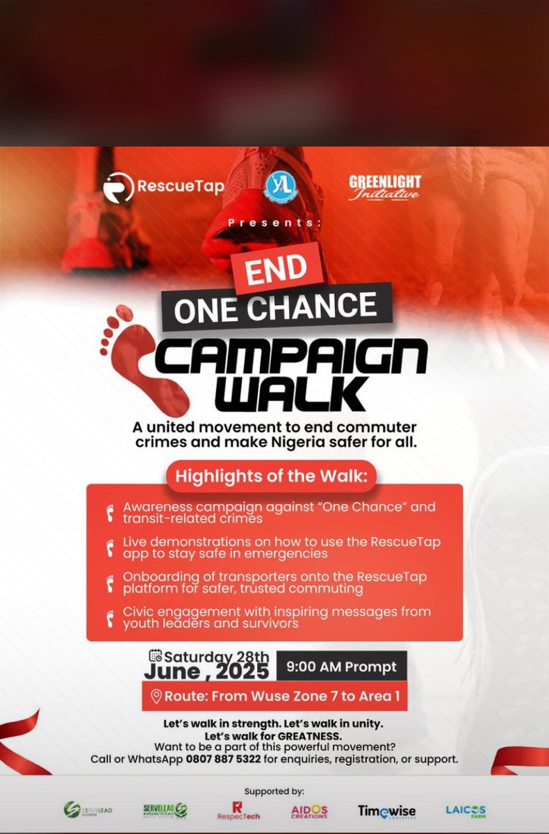 rescuetap's tweet photo. Abuja is beautiful but “ONE CHANCE ” isn’t.

Too many lives have been lost to unsafe transit.
This Saturday, we walk for safety, justice &amp; change.
🗓️ June 28 | 🕘 9AM
📍Wuse Zone 7 → Area 1
Let’s #EndOneChance together.
#TrustTheTap #RescueTap https://t.co/jyTJTVKgNr