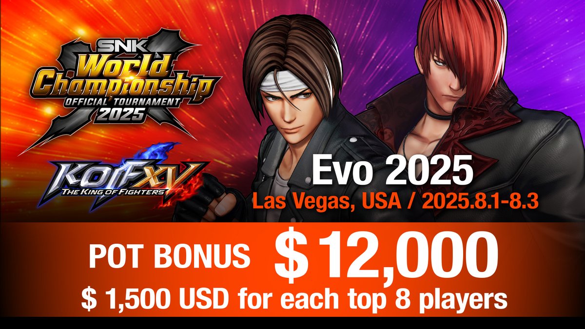 [Announcement]

Only one will rise.

The Champion of #KOFXV at #EVO2025 will earn their place at #SWC2025!

$12,000 total pot bonus. $1,500 each for the TOP 8.

No time to waste. Step in — fight hard — earn it.