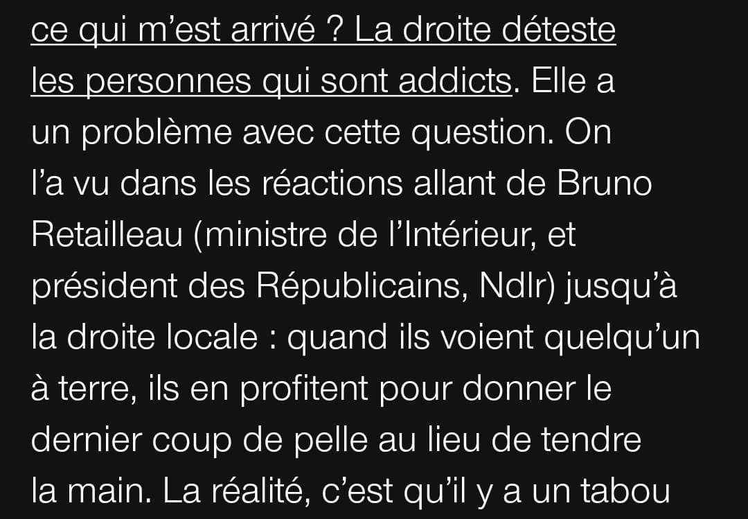 Non, Andy, la droite ne déteste pas les personnes qui sont addicts...

- Elle aime l'honnêteté et la cohérence de vie. 
- Elle déteste l'impunité et le double langage.
- Elle aurait aimé t'entendre t'excuser vis-à-vis du mineur à qui tu as acheté ta came.
- Elle aurait aimé que