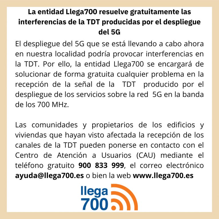 📡 En Matalascañas la TDT se ve cada vez peor… y el 4G/5G tiene la culpa.

✅ “Llega700” te instala GRATIS un filtro para evitar más interferencias en tu antena.

📞 Llama al 900 833 999 (lunes a sábado, 9:00–22:00)
🌐 O entra en llega700.es y rellena el formulario