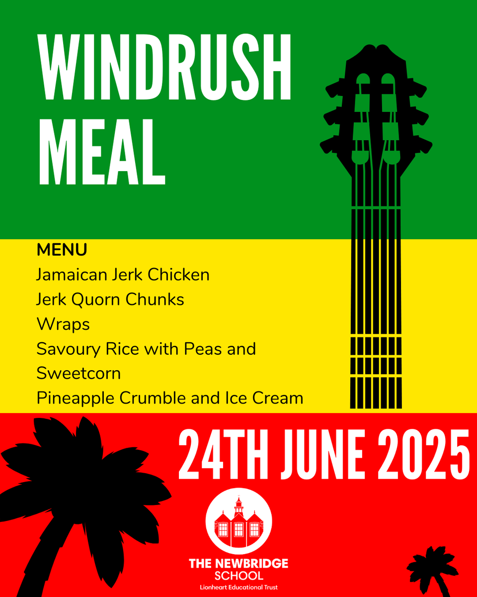 🌟 Celebrate #WindrushDay with us tomorrow! 🌟

📍 The Newbridge School
🍗 Jerk Chicken | 🌱 Jerk Quorn
🍚 Rice &amp; Peas | 🍍 Pineapple Crumble
Honouring heritage with flavour 🇯🇲🇹🇹🇧🇧🇬🇩🇱🇨✨

#CaribbeanCuisine #CelebrateCulture