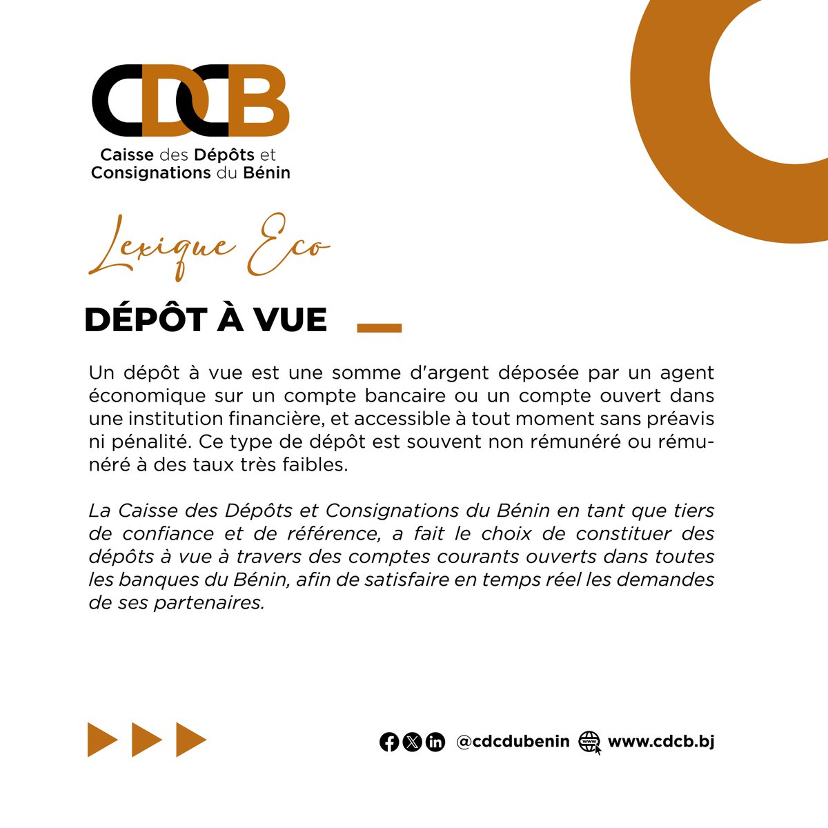 "Dépôt à vue", est l'expression à découvrir cette semaine dans la rubrique #LexiqueEco. Que signifie ce terme et dans quel contexte l'utilise-t-on ?

<a href="/cdcdubenin/">Caisse des Dépôts et Consignations du Bénin</a>  au cœur du développement économique et social.