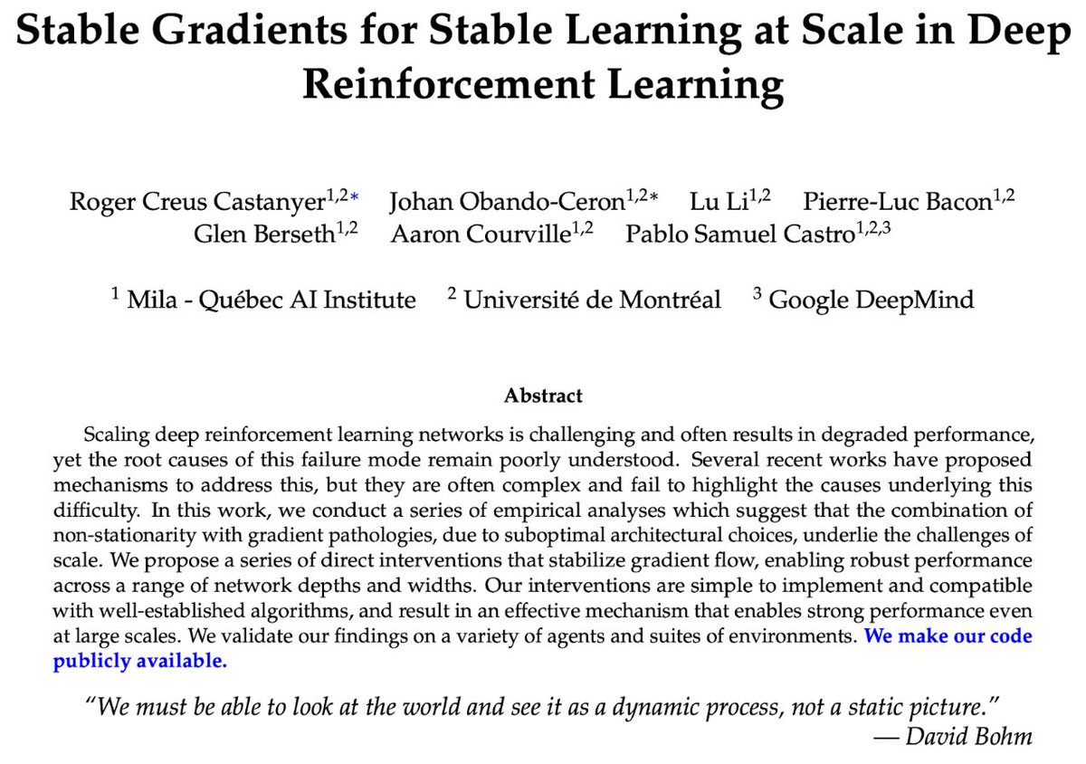 🚨 Excited to share our new work: "Stable Gradients for Stable Learning at Scale in Deep Reinforcement Learning"! 📈

We propose gradient interventions that enable stable, scalable learning, achieving significant performance gains across agents and environments!

Details below 👇