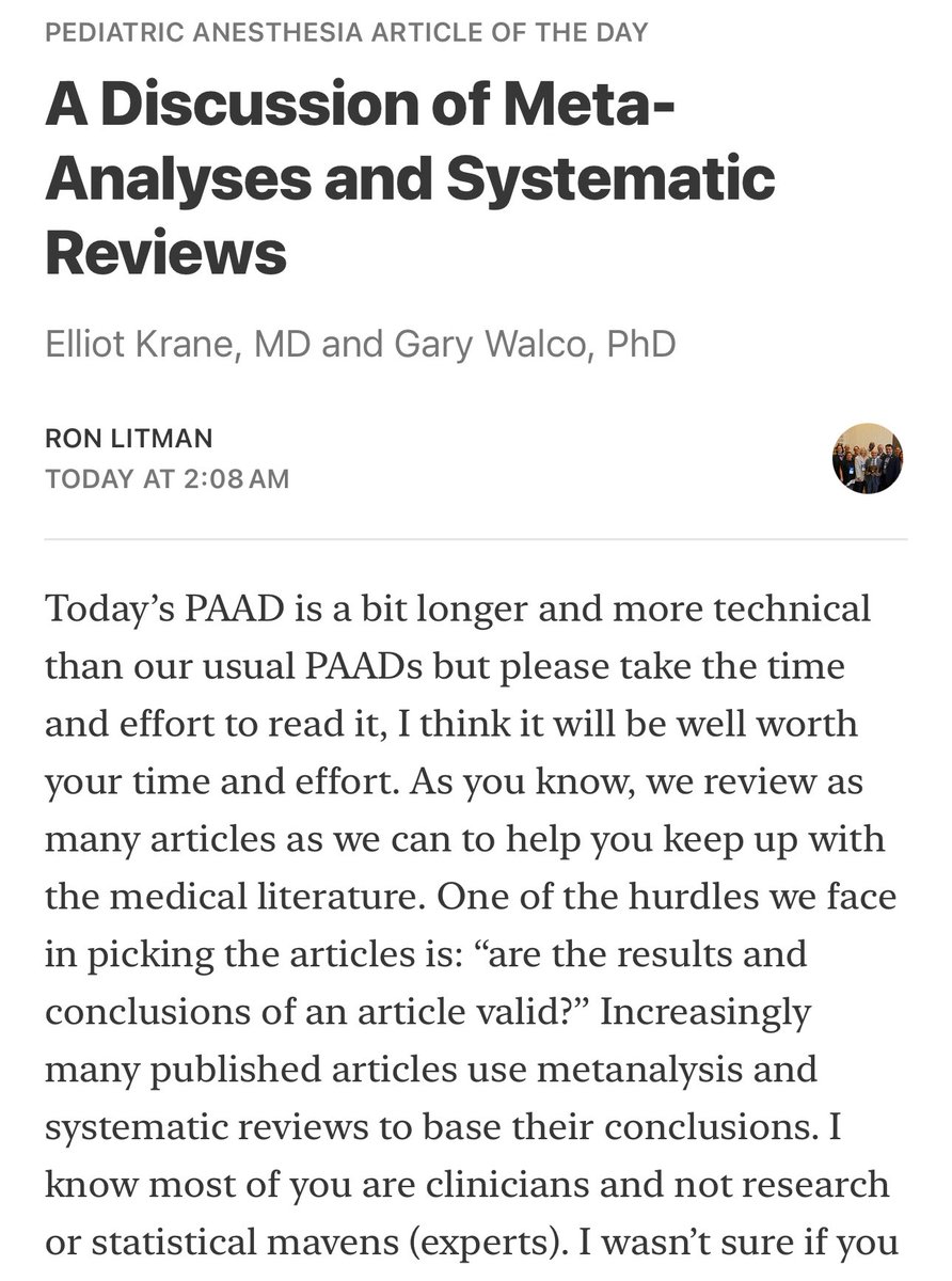 Pediatric Anesthesia Article of the Day 

A Discussion of Meta-Analyses and Systematic Reviews

Elliot Krane, MD and Gary Walco, PhD

open.substack.com/pub/ronlitman/…

#PedsAnes #PedsPain #PedsCardsAnes #PedsICU #MedEd #PAAD