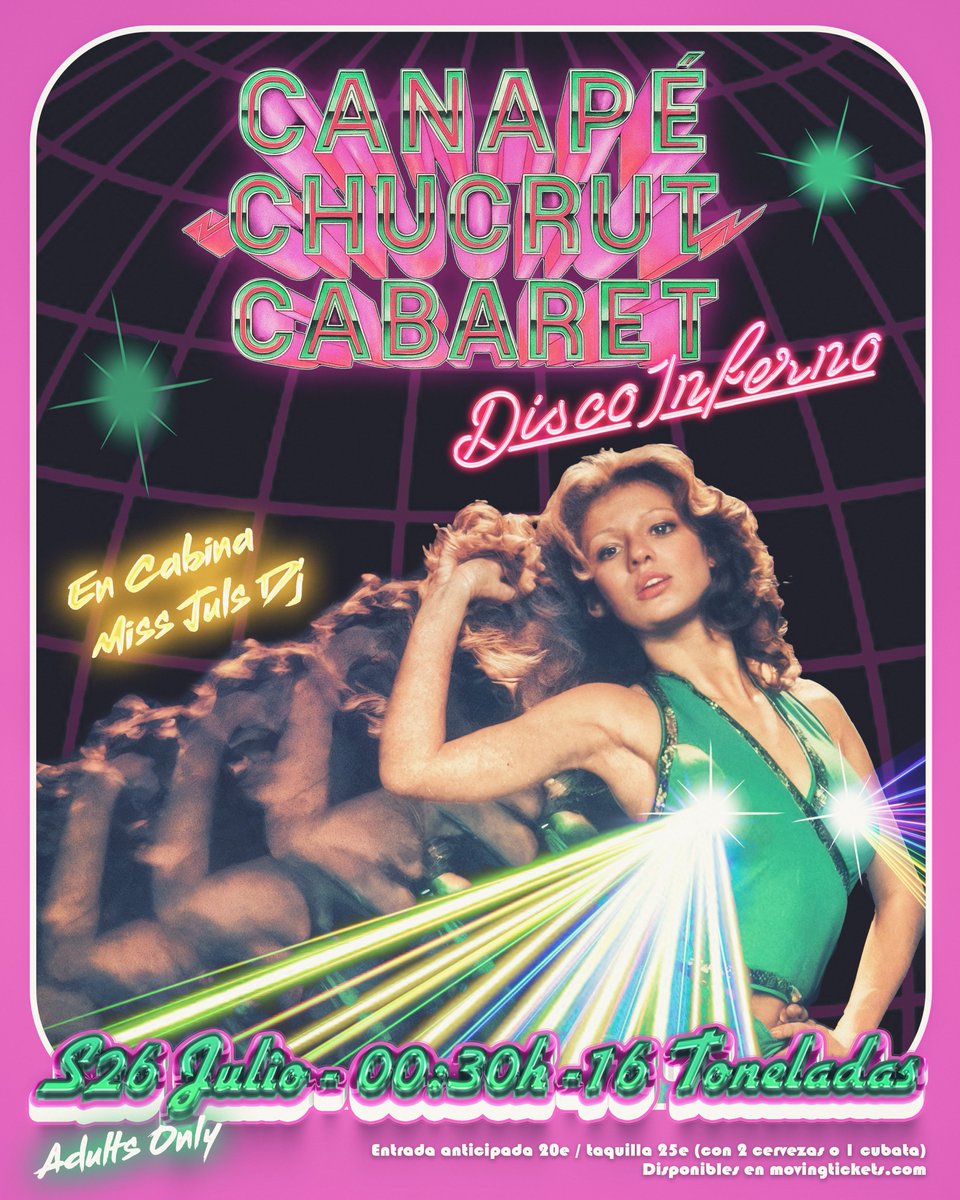 ➡️DISCO INFERNO BY CANAPÉ CHUCRUT en 16 Toneladas
🗓 Sábado 26 Julio 2025
⏰ A partir de las 00:30 de la noche (madrugada del sábado al domingo)
🎟 Entradas en: movingtickets.com/Entradas-Canap…

Más información en: 16toneladas.com
*Venta en taquilla sujeta a disponibilidad