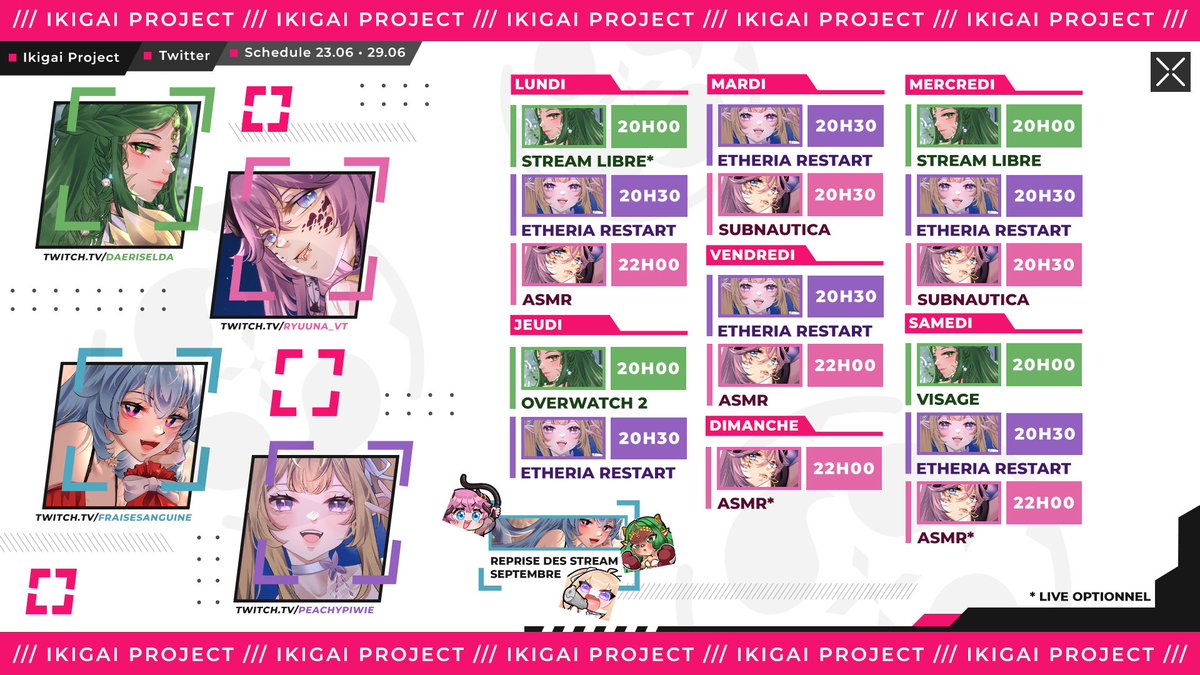 Ikigaiproject_'s tweet image. Du gacha avec Etheria Restart, de l'aventures avec Subnautica, de frissons avec Visage, du challenge avec Overwatch 2 et de douceur avec l'ASMR ?
C'est ce que vous proposes nos queens cette semaine ! Retrouvez @Daeriselda @PeachyPiwie et @ryuuna_vt pour une semaine de folie 💕