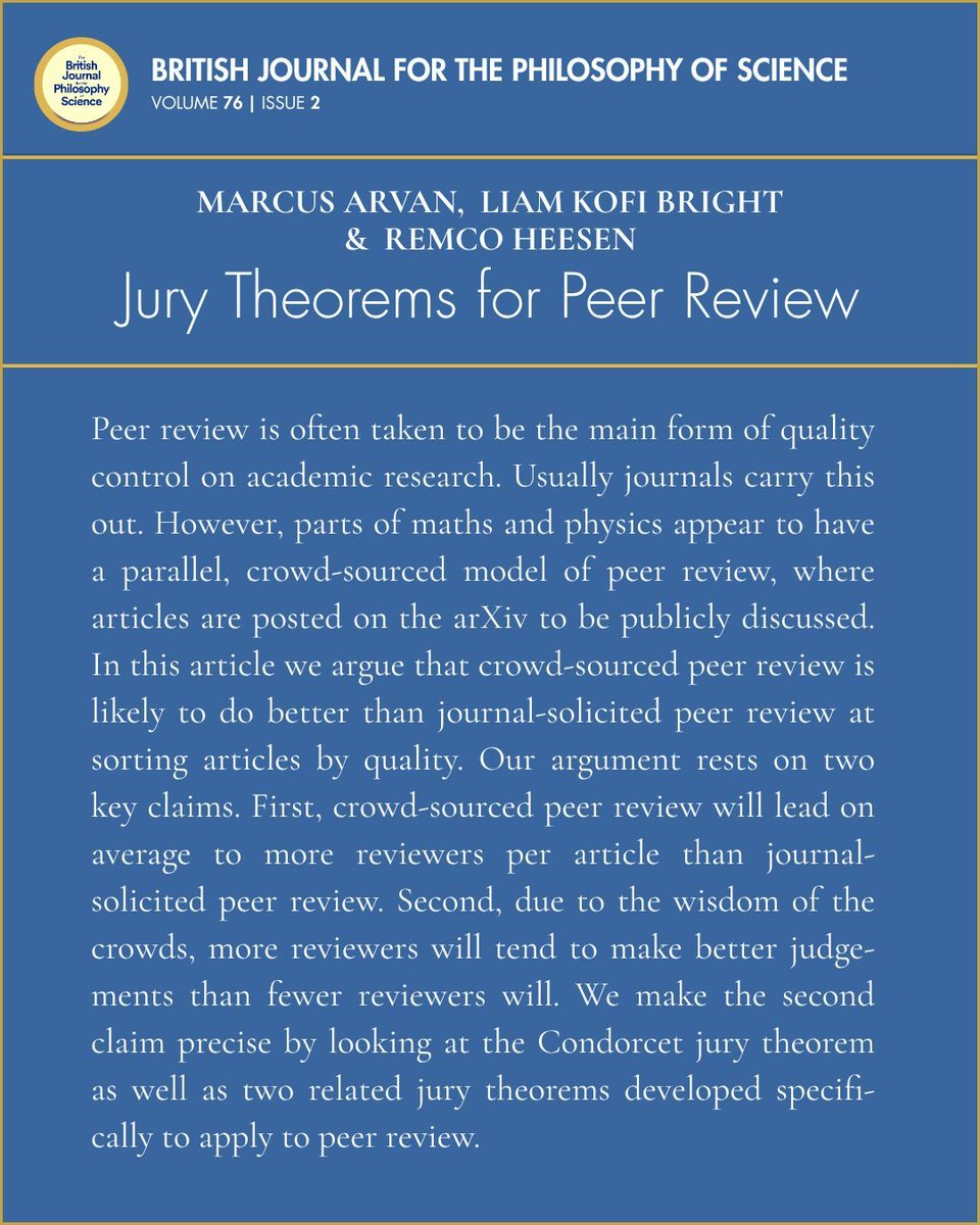 From the new issue:

Marcus Arvan, Liam Kofi Bright &amp; Remco Heesen
‘Jury Theorems for Peer Review’

Read it here (open access): journals.uchicago.edu/doi/10.1086/71… 

#philsci