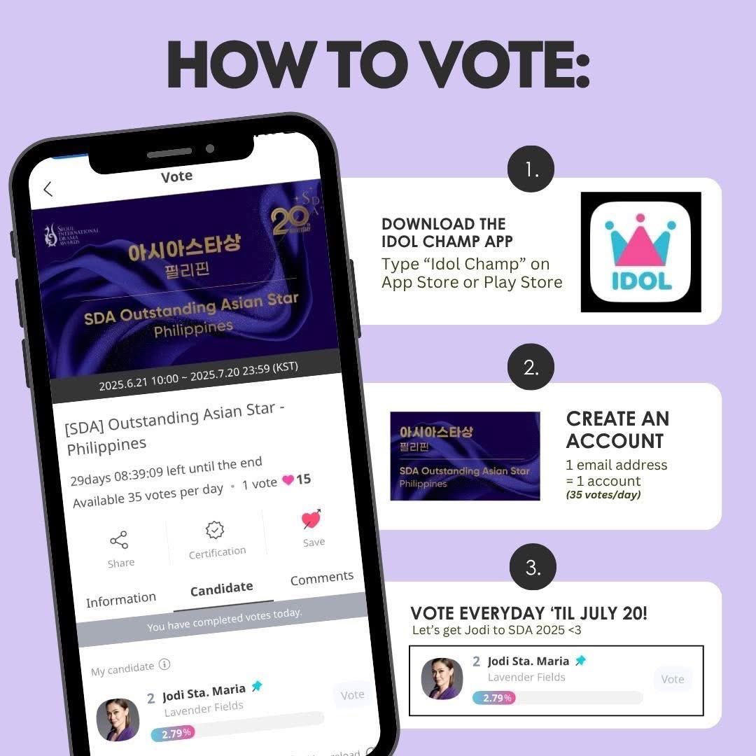 Jodi Sta. Maria is nominated in the Outstanding Asian Star in the Seoul International Drama Awards 2025. Vote now!❤️

HOW TO VOTE?

• Download the Idol Champ App
• Create an Account
• Vote Everyday “Till July 20”

#jodistamaria #jodibert #loveteam