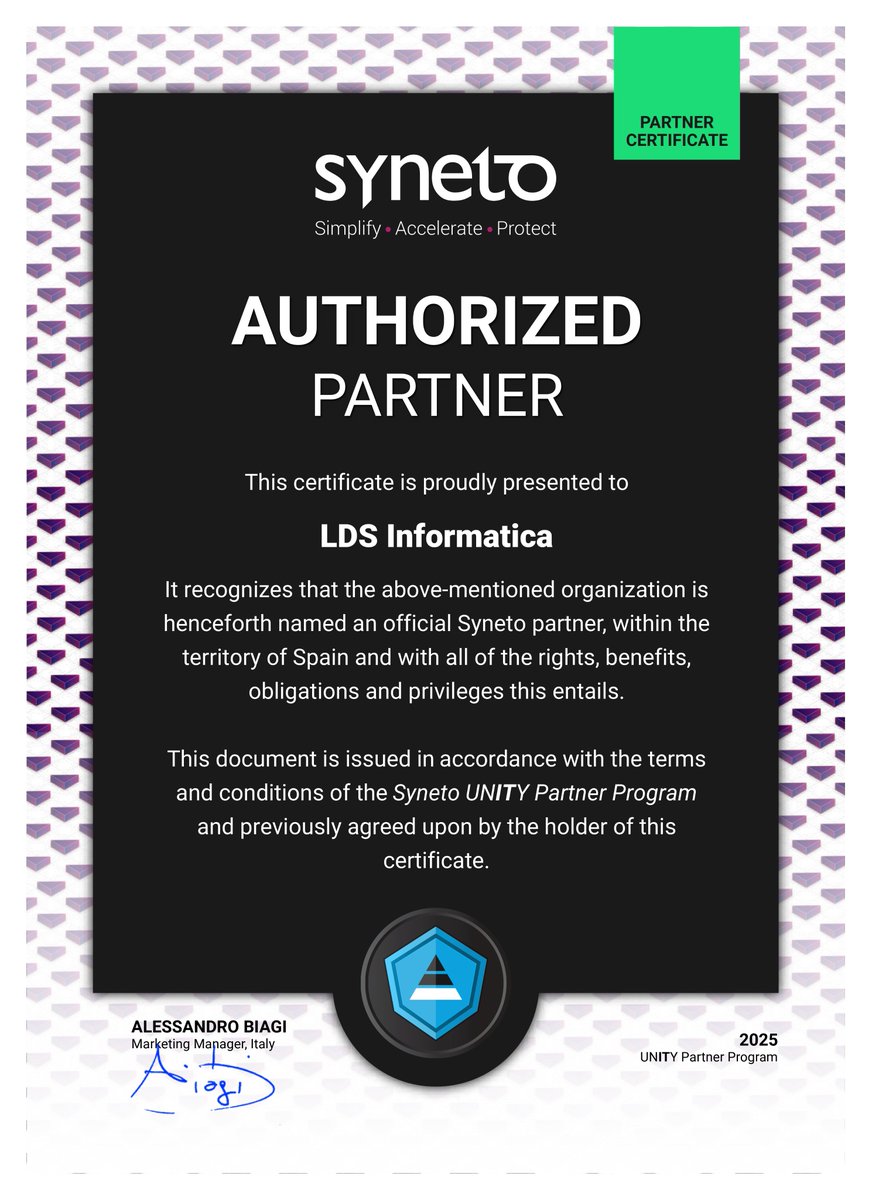 LDSinformatica's tweet photo. ✅ ¡Ya es oficial! LDS Informática es partner oficial autorizado de @syneto en España.

Seguimos creciendo para ofrecer lo mejor en soluciones IT, backup y ciberseguridad.

¡Gracias por la confianza!

#LDSInformatica #Syneto #PartnerOficial #Tecnología #Backup #IT https://t.co/TO7pe2UtVT
