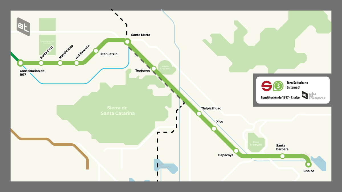 TranspAtlas's tweet image. Este es un mapa, y el diagrama de línea al estilo de Ferrocarriles Suburbanos, si el Sistema 3 se hubiera concretado