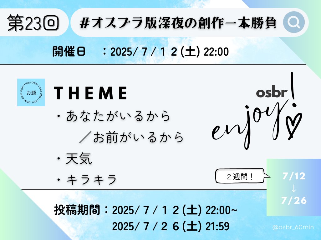 【開催中お題＆次回お題発表】
#オスブラ版深夜の創作一本勝負

📢受付中　第２２回
2025/7/12(土)まで
【お題】
・七夕
・演技
・花言葉

📢予告　第２３回
2025/7/12(土)-2025/7/26(土)
【お題】
・あなたがいるから
　　／お前がいるから
・天気
・キラキラ

ルール🔗(lit.link/osbr60min)