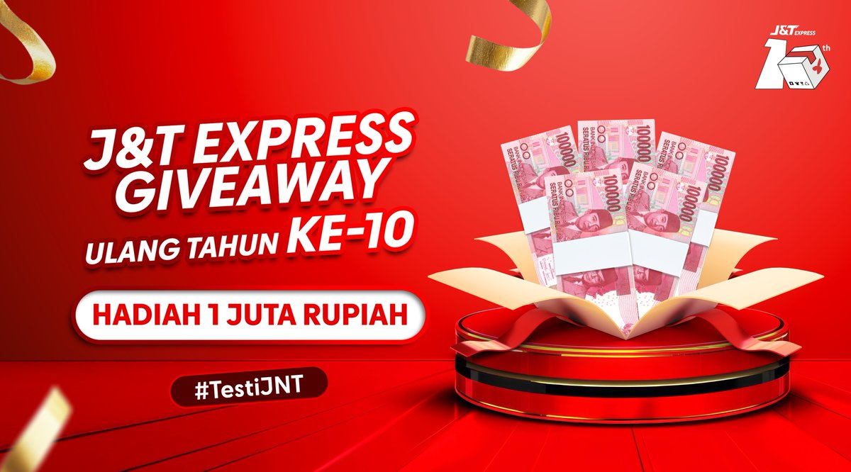 Sebentar lagi ulang tahun ke-10 J&amp;T Express! Mimin pengen bagi-bagi UANG TUNAI TOTAL 1 JUTA RUPIAH buat 2 orang!  

Caranya gampang cukup REPLY testimoni kamu tentang layanan J&amp;T Express + #TestiJNT sebanyak-banyaknyaa~   

Wajib FOLLOW + RT + LIKE post ini! Let's gooo! 🔥