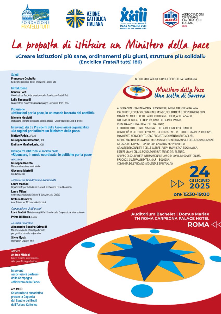 𝑪𝒊 𝒗𝒆𝒅𝒊𝒂𝒎𝒐 𝒅𝒐𝒎𝒂𝒏𝒊!
🌿 VERSO UN MINISTERO DELLA PACE 🌿
📅 24 giugno 2025 ore 15.30-19.00
📍 Roma, Auditorium Bachelet – Domus Mariae – TH Roma Carpegna Palace Hotel
📌 La pace non è un'utopia, è una responsabilità collettiva.