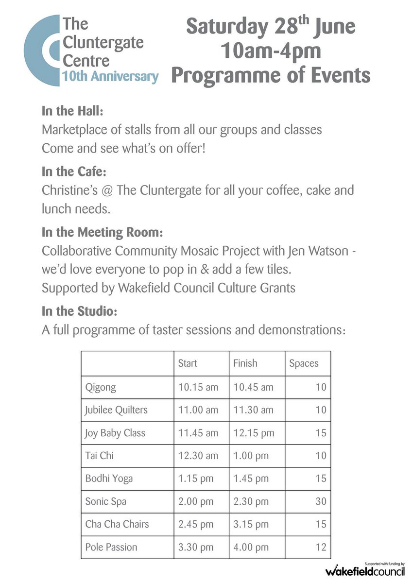 This Saturday, it's the @cluntergate 10th Anniversary 'Open Day'

A full programme of activities &amp; events 👇

Christine's at The Cluntergate Centre will be open all day - coffee, cakes, lunch, and afternoon tea.

 #community #lovehorbury #Horbury
