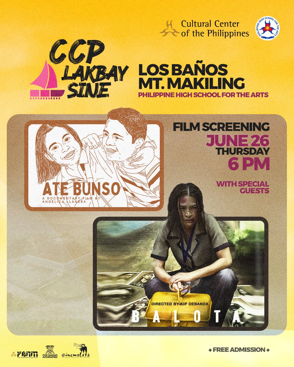 ccpfbnm's tweet photo. Before the year’s halfway mark, CCP Lakbay Sine will be the at PHSA, Mt. Makiling 🌙
🎬 Ate Bunso by Angelica Llanera
🎬 Balota by Kip Oebanda
JOIN US on June 26, Thursday, 6PM with a talkback after the screening!
#CulturalCenterPH #CCPLakbaySine #PHSA #Balota #AteBunso https://t.co/4iFFck1LkG