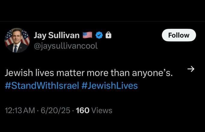 BrunellaCapitan's tweet photo. USA 🇺🇸 Senator Jay Sullivan:
"A million Arabs are not worth a Jew's nail."
 "Jewish life is more valuable than other people's"
Those psychopaths need to be STOPPED https://t.co/rxtX0E1qqD