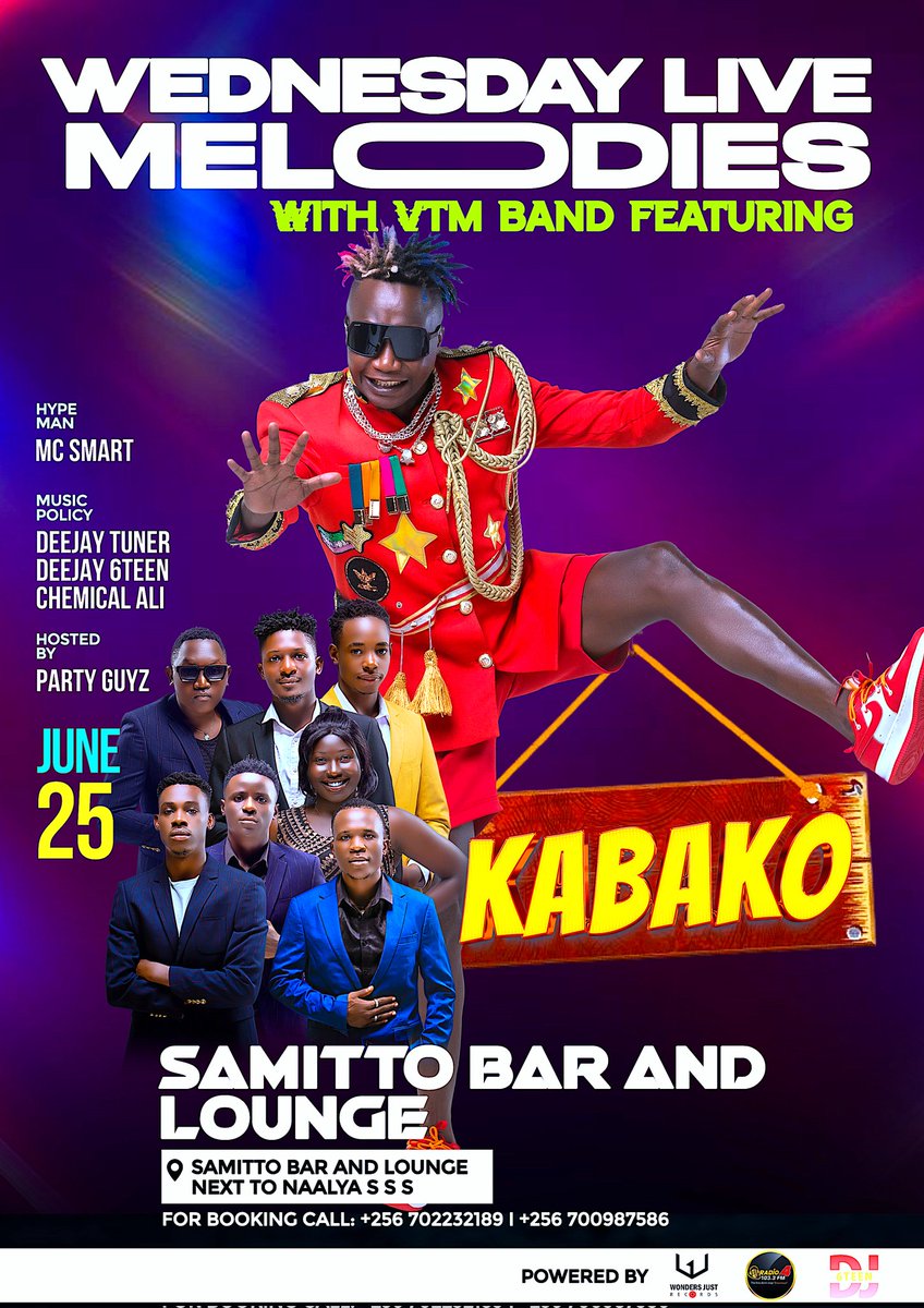 Hello,
Please come and eat ,drink and dance this Wednesday.Enjoy Roden Y Kabako musanyusa perform alongside the VTM Band at Samitto bar and lounge located next to Naalya Sss. PLEASE book your table now.
