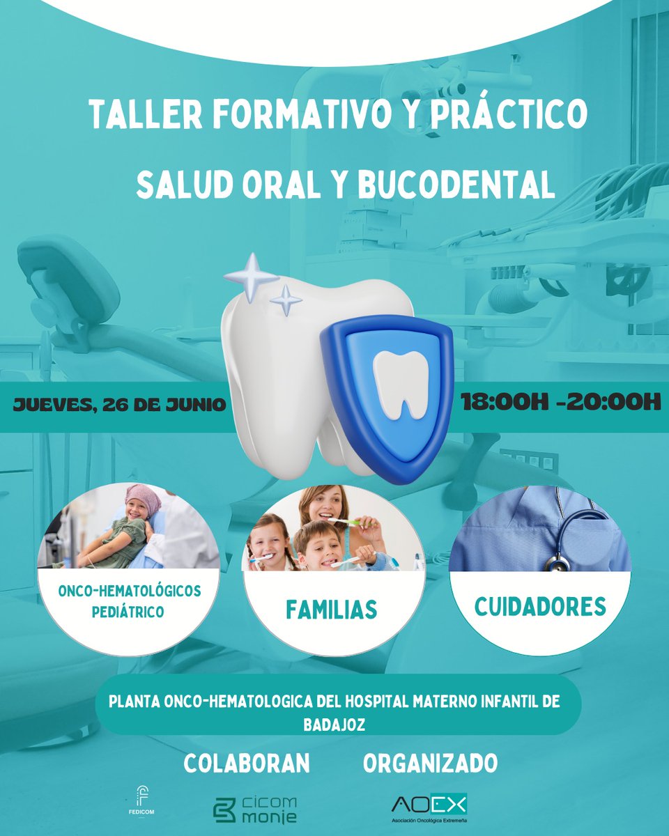 Esta semana comenzamos el Taller de Salud Oral y Bucodental que realizamos junto a la Fundación Fedicom y la <a href="/AOEx1/">AOEx</a> 
📅Jueves 26 de junio.
⏰18:00-20:00 horas.
📍Planta Onco-hematológica del Hospital Materno Infantil de Badajoz