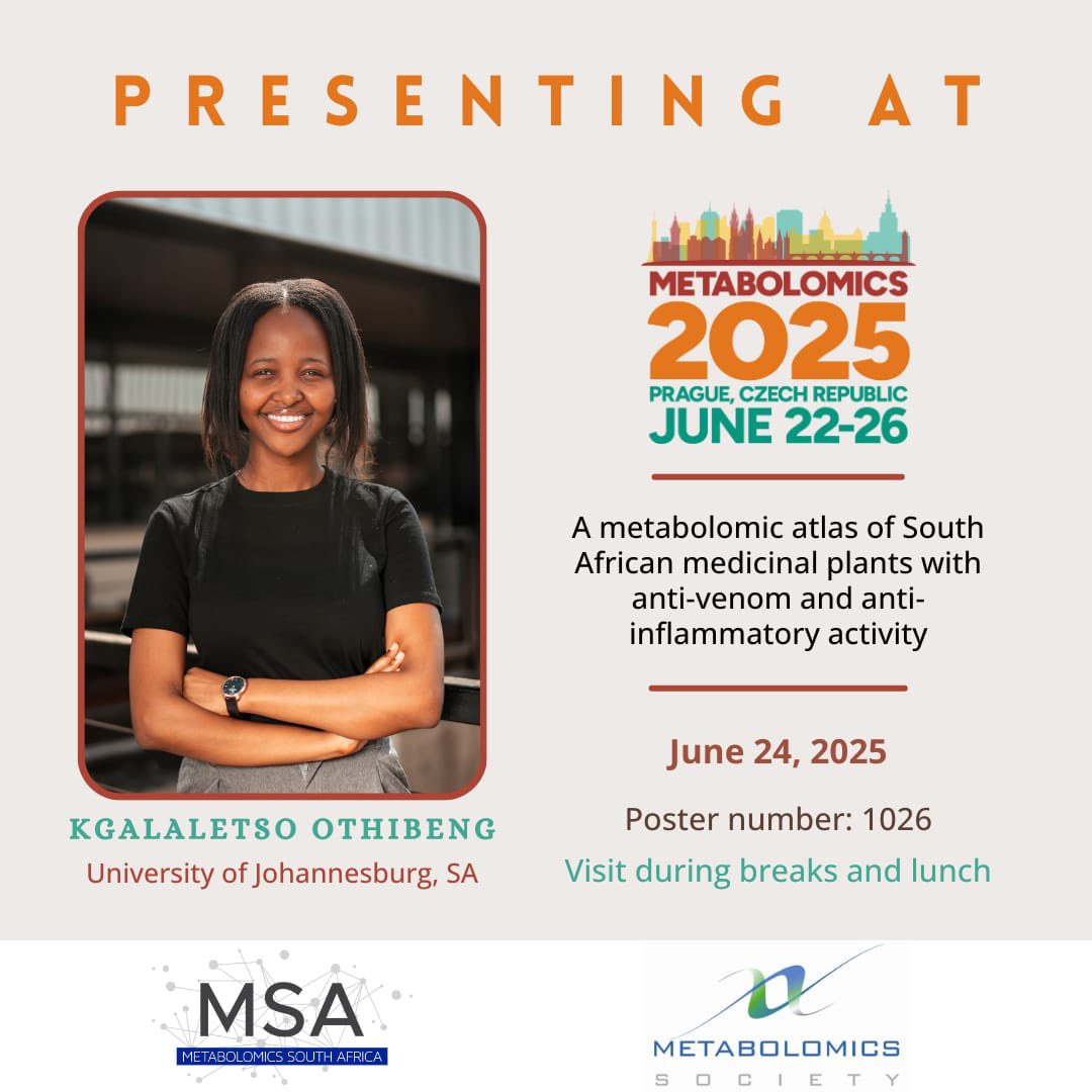 We’re thrilled to have Kgalaletso Othibeng representing #MetabolomicsSA - Early Careers at #Metabolomics2025 in Prague!

Poster: “A metabolomic atlas  of SA medicinal plants”
Display: 24 June | Poster #1026

#EarlyCareerResearchers #NaturalProducts #ComputationalMetabolomics