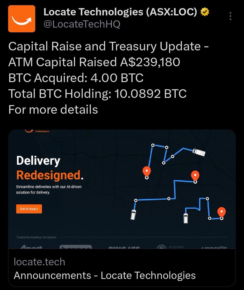 Locate has raised A$239,180 and acquired 4.00 BTC, bringing total holdings to 10.0892 BTC. 

They're executing the Bitcoin reserve strategy—raising fiat, stacking sats, holding forever.