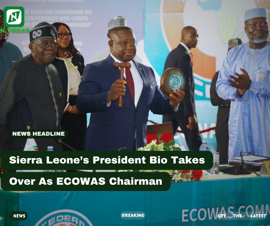 Sierra Leone's President Julius Maada Bio has been elected as the new Chairman of the Economic Community of West African States (ECOWAS) Authority of Heads of State and Government, succeeding Nigerian President Bola Tinubu.