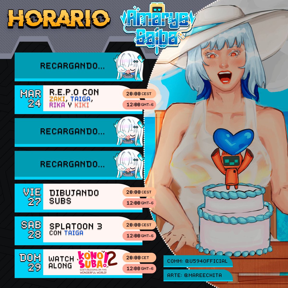 ⚙️ HORARIO 🌐

⇒ R.E.P.O con gente lindaaa
⇒ Dibujitos
⇒ Splatoon 3 con Taiga (esta vez sí que sí)
⇒ ACABAMOS Konosuba T2...