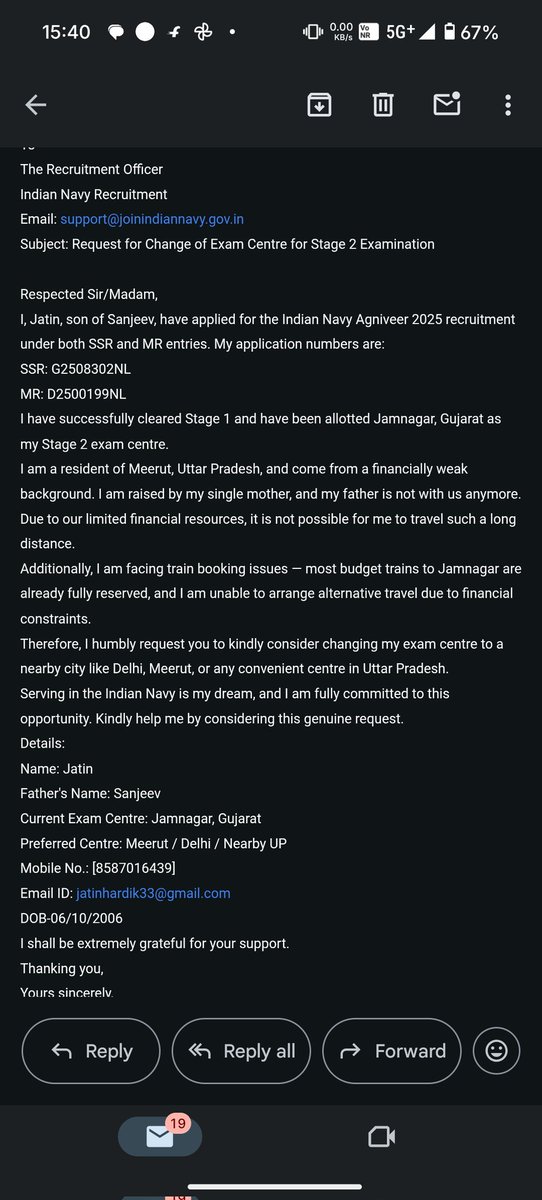 jatinudayan33's tweet photo. @IndiannavyMedia @moayush @indiannavy Respected @joinindiannavy, I belong to a financially weak family. My Stage 2 exam centre is Jamnagar, which is too far from Meerut (UP). Kindly change my centre to Delhi/Meerut or any nearby city.
SSR: G2508302NL
MR: D2500199NL
🙏 Jai Hind 🇮🇳 https://t.co/9xLSC945G6
