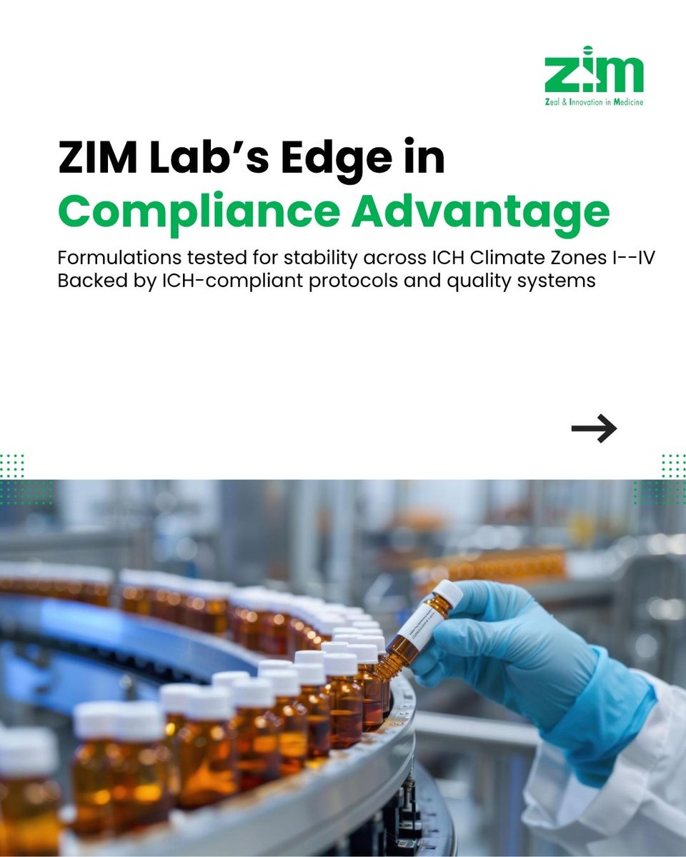 zimlab's tweet image. ZIM Labs delivers ICH-compliant medicines, trusted in 50+ countries with global safety standards and proven stability across climate zone stability.
#ICHGuidelines #Pharma #ZIMLabs