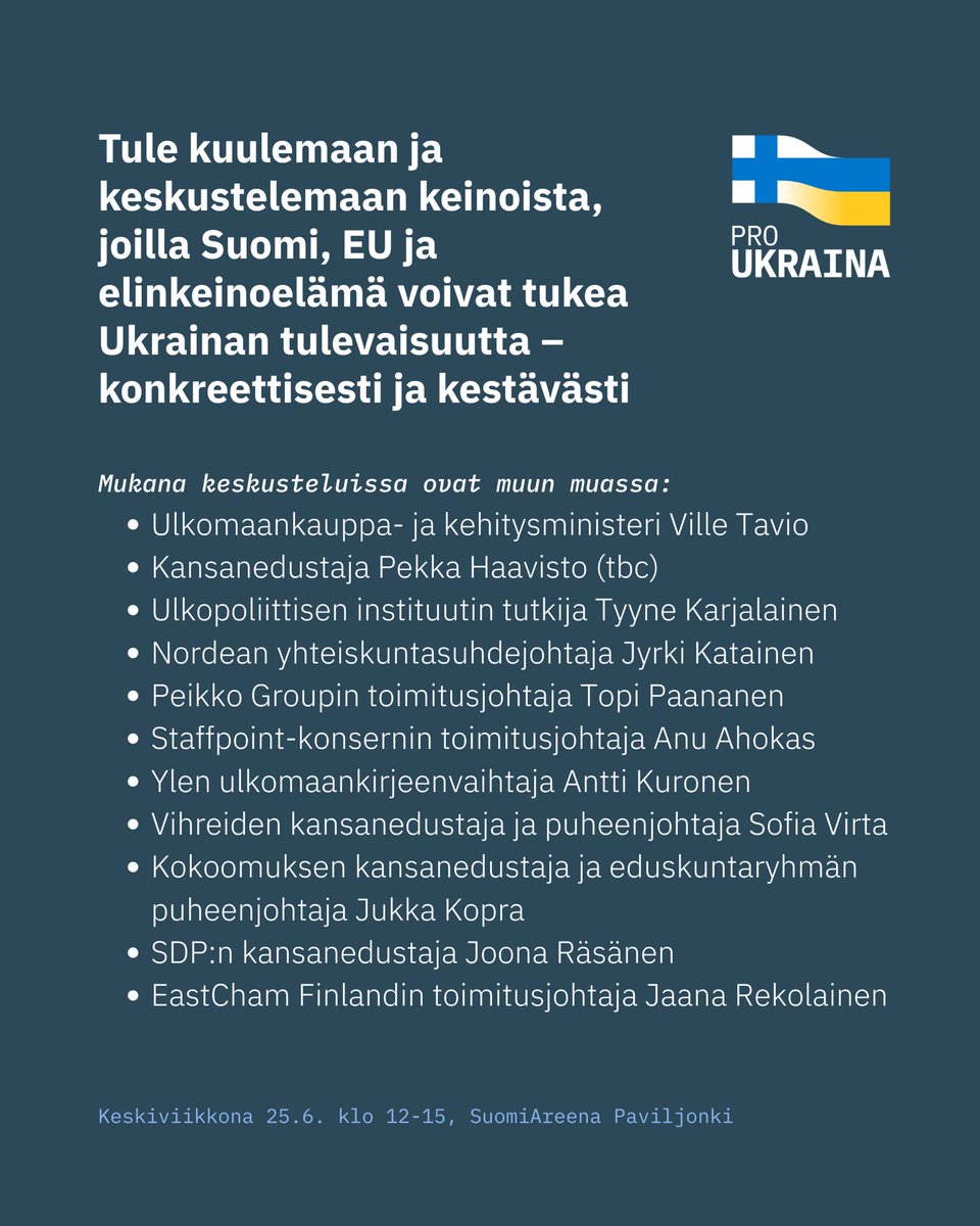 Nähdään SuomiAreenassa ke 25.6. Klo 12-15 - teemana Ukraina ja sen jälleenrakennus.