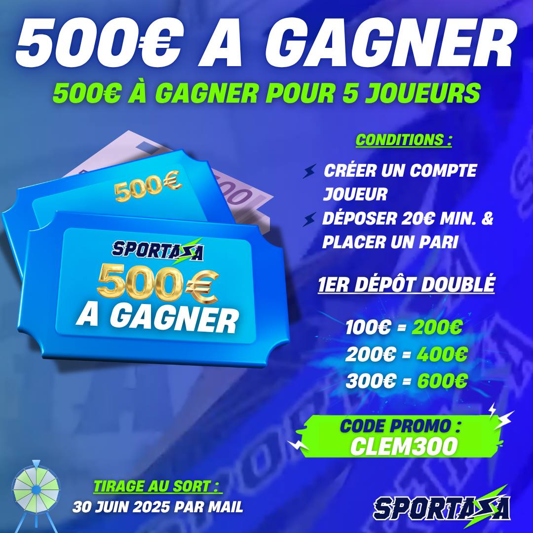 BetClem_'s tweet image. 🚨 CONCOURS EXCEPTIONNEL 🚨
2500€ 💸 À GAGNER ! 5X 500€ 🎁

POUR PARTICIPER 👇
👉 AVOIR OU CRÉER UN COMPTE ICI  👇👇
tinyurl.com/BETCLEMSPORTAZA
Code promo: CLEM300
🎁 JUSQU'À 300€ OFFERTS EN CASH!
👉 DÉPOSER 20€ MINIMUM &amp;amp; PLACER UN PARI
👉  RT ♻️ ET LIKE ♥️ CE POST
#TeamParieur