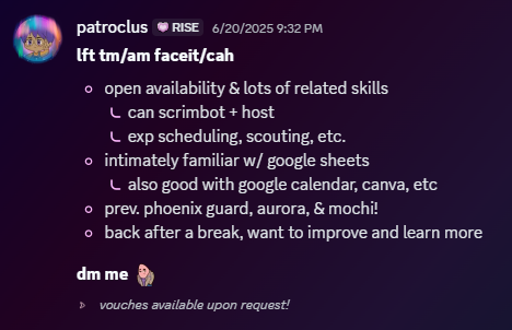 patroclusOW's tweet image. lft tm/am faceit/cah
it's time!
lots of management exp in general. love overwatch. plenty of vouches. ez diversity hire. let me manage ur team :3
discord: xpatroclusx